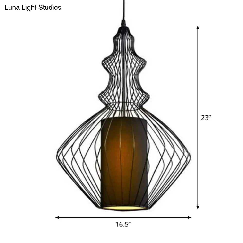 Retro Gourd Shaped Iron Pendant Light With Fabric Shade - Black 1 Bulb Stylish Ceiling Hanging