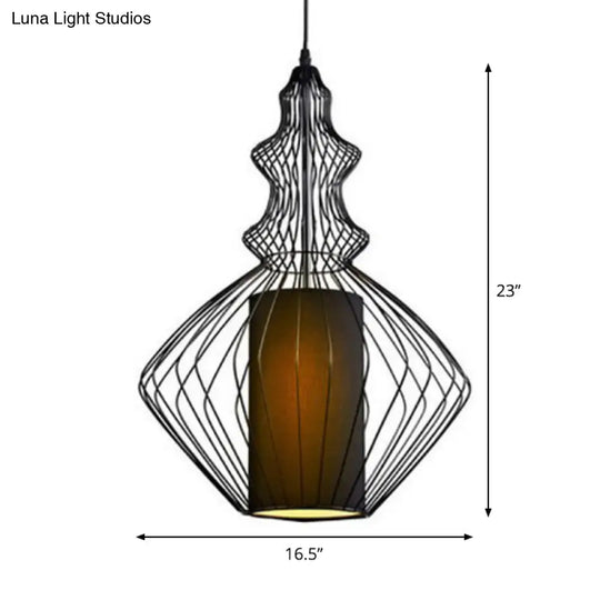 Retro Gourd Shaped Iron Pendant Light With Fabric Shade - Black 1 Bulb Stylish Ceiling Hanging