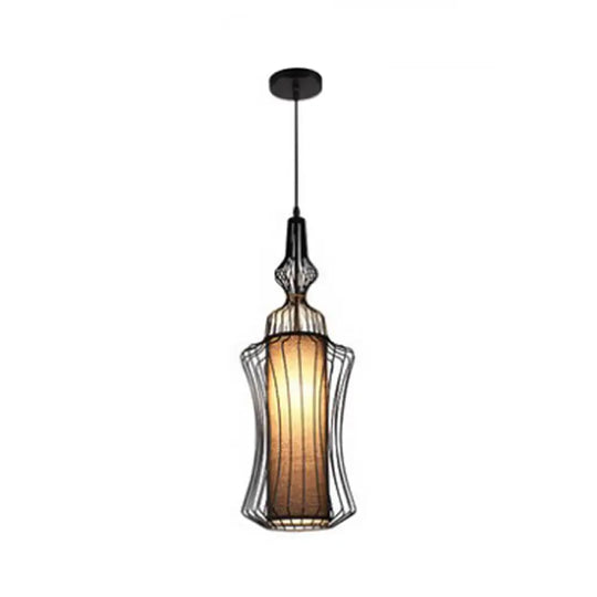 Retro Gourd Shaped Iron Pendant Light With Fabric Shade - Black 1 Bulb Stylish Ceiling Hanging