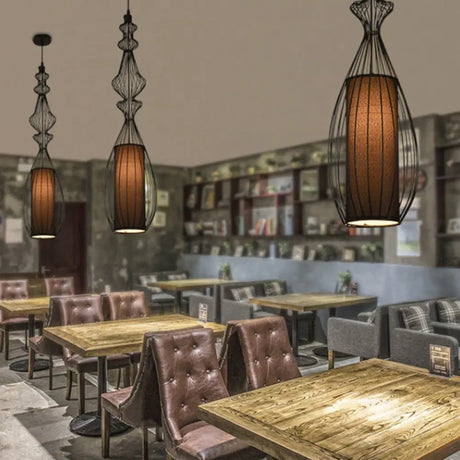 Retro Gourd Shaped Iron Pendant Light With Fabric Shade - Black 1 Bulb Stylish Ceiling Hanging