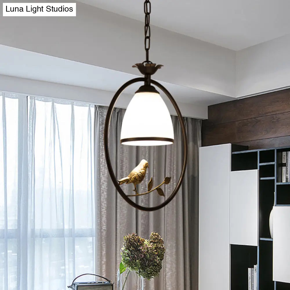 Retro Handblown Glass Ceiling Light With Bird And Branch Decor - Dining Room Hanging Pendant In