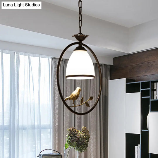 Retro Handblown Glass Ceiling Light With Bird And Branch Decor - Dining Room Hanging Pendant In