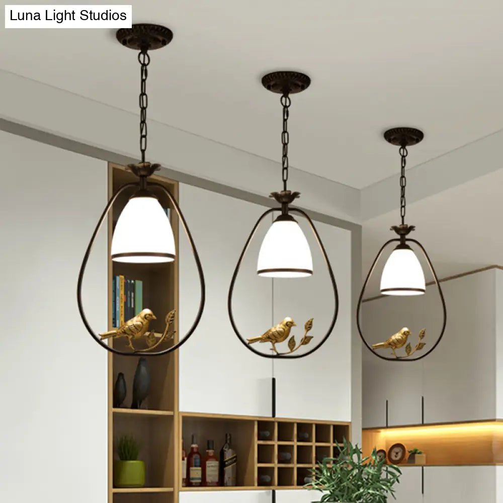 Retro Handblown Glass Ceiling Light With Bird And Branch Decor - Dining Room Hanging Pendant In