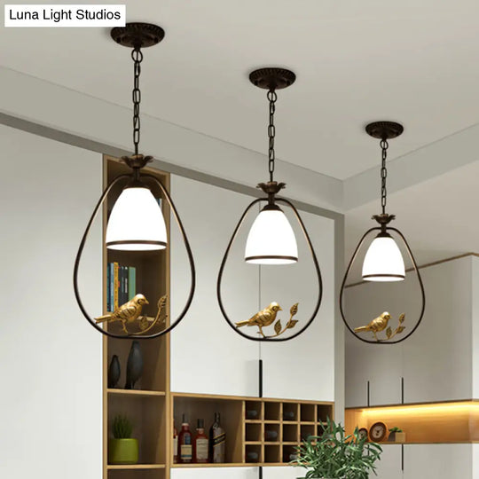 Retro Handblown Glass Ceiling Light With Bird And Branch Decor - Dining Room Hanging Pendant In