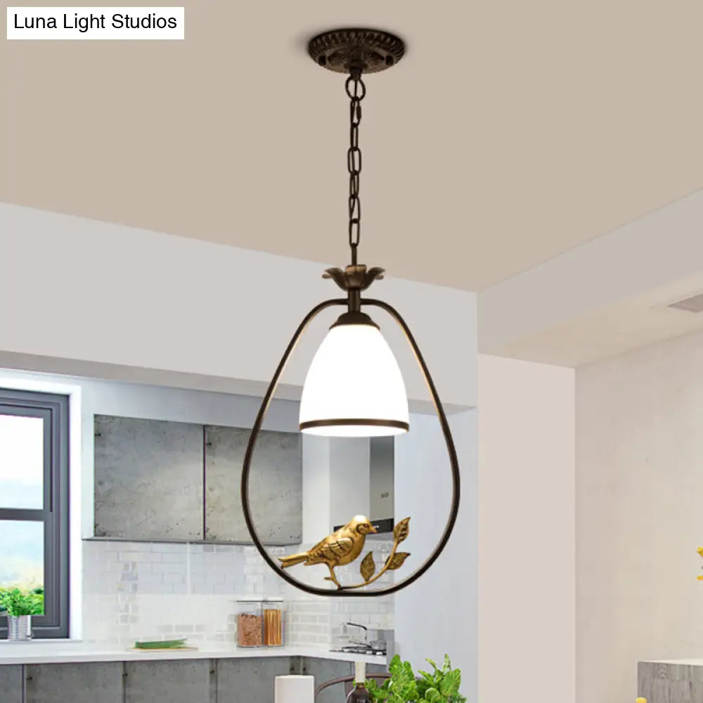 Retro Handblown Glass Ceiling Light With Bird And Branch Decor - Dining Room Hanging Pendant In