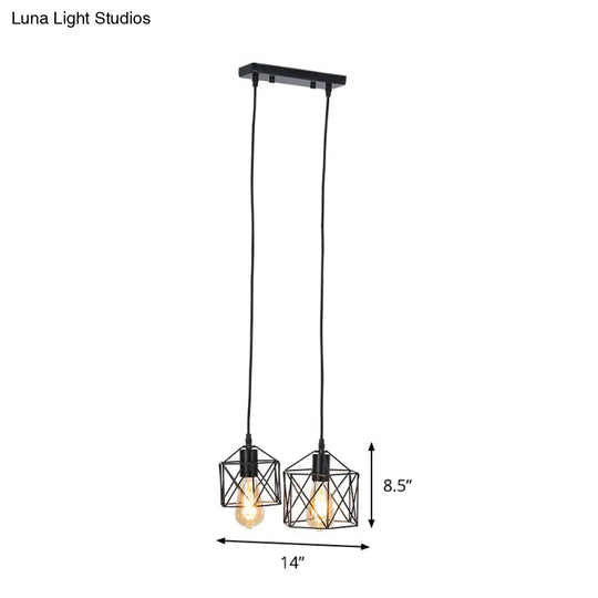 Hexagon Frame Multi Pendant Retro Style Black Metal Ceiling Hang Fixture With 2 Lights
