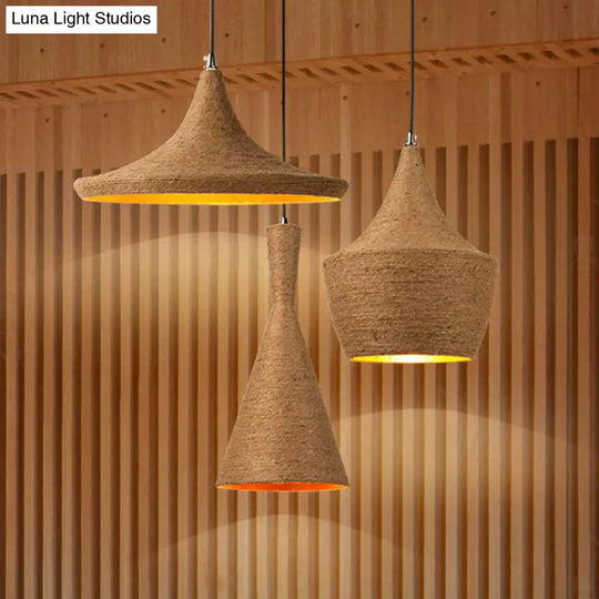 Retro Industrial 3-Light Beige Rope Pendant For Dining Room