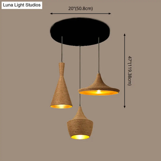 Retro Industrial 3-Light Beige Rope Pendant For Dining Room