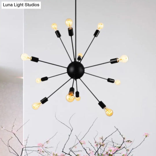 Industrial Black Sputnik Chandelier With 9/12 Lights - Retro Metal Pendant Fixture For Dining Room