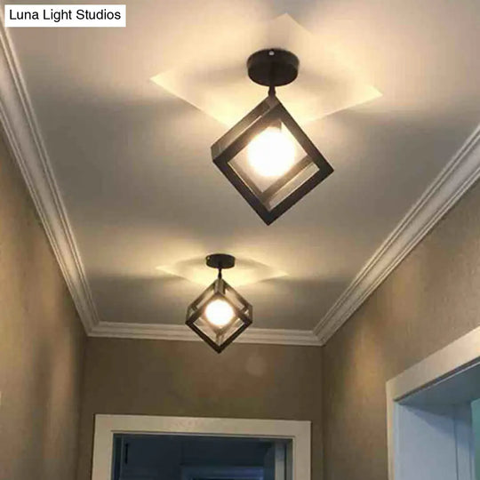 Retro Industrial Ceiling Light Fixture With Wrought Iron Frame - Black