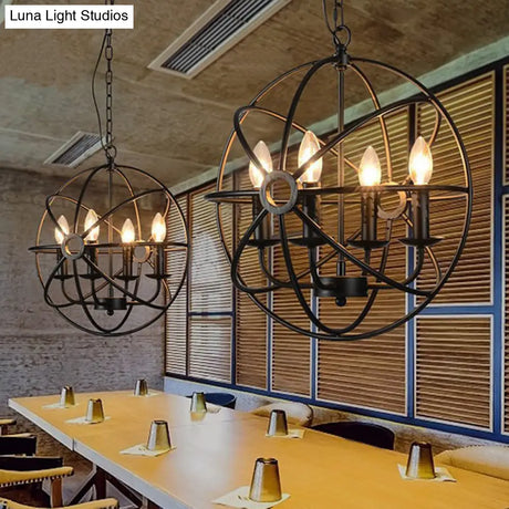 Retro Industrial Globe Pendant Chandelier - Iron Hanging Light Fixture With Candle Design For