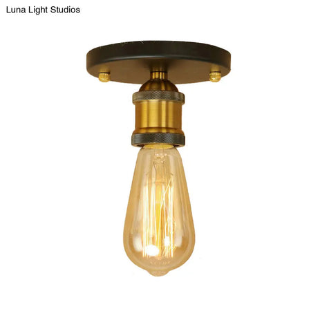 Retro Industrial Metal Black/Brass Finish Ceiling Lighting - Exposed Bulb Semi Flush Mount Light
