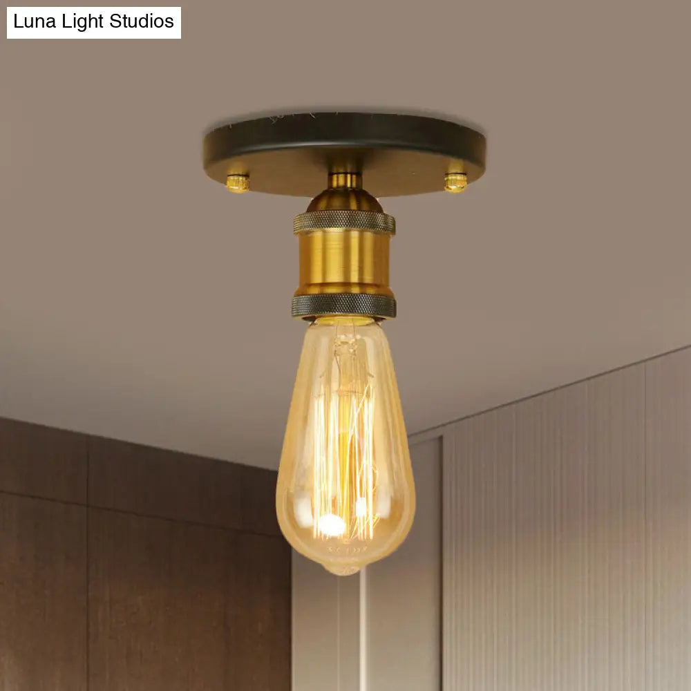Retro Industrial Metal Black/Brass Finish Ceiling Lighting - Exposed Bulb Semi Flush Mount Light