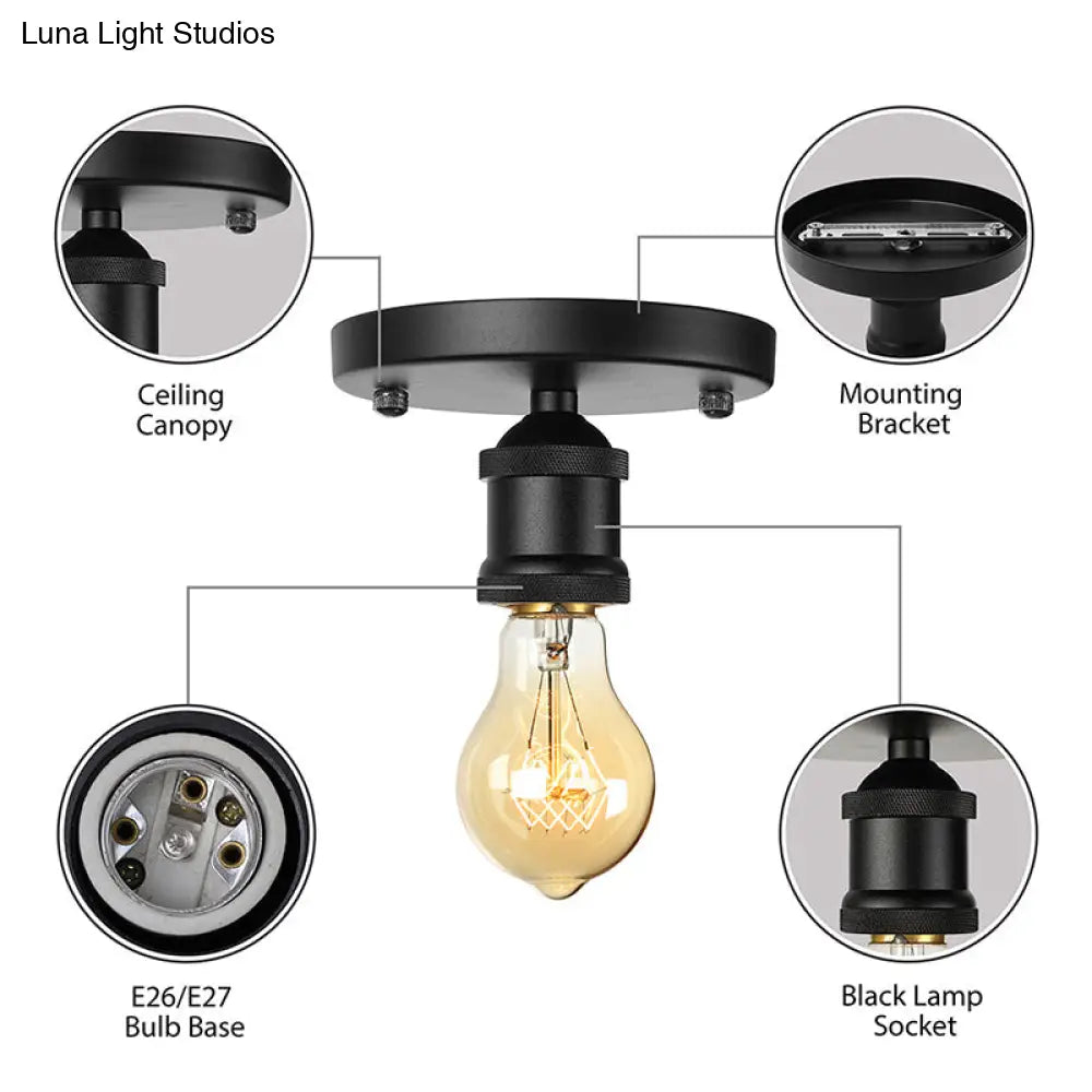 Retro Industrial Metal Black/Brass Finish Ceiling Lighting - Exposed Bulb Semi Flush Mount Light For