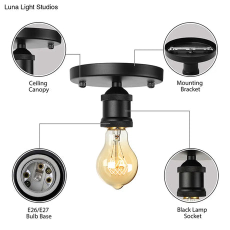 Retro Industrial Metal Black/Brass Finish Ceiling Lighting - Exposed Bulb Semi Flush Mount Light