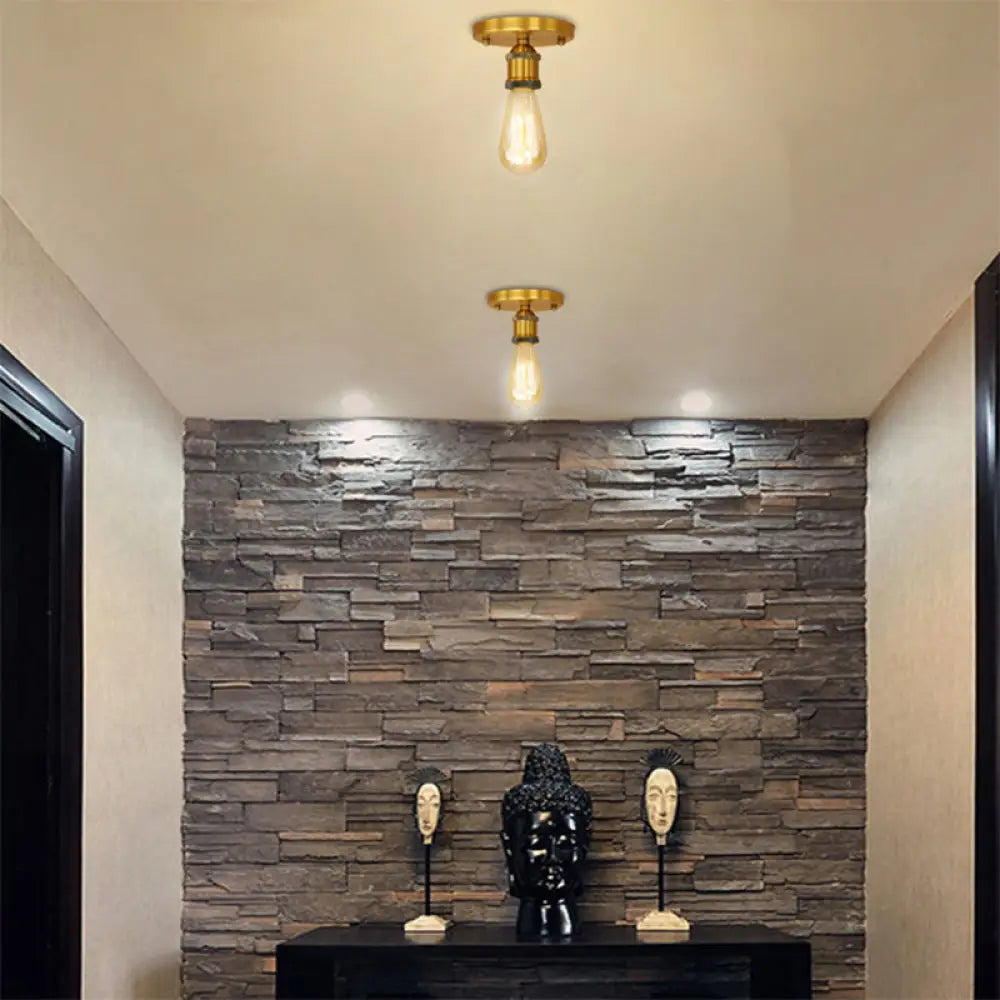 Retro Industrial Metal Black/Brass Finish Ceiling Lighting - Exposed Bulb Semi Flush Mount Light