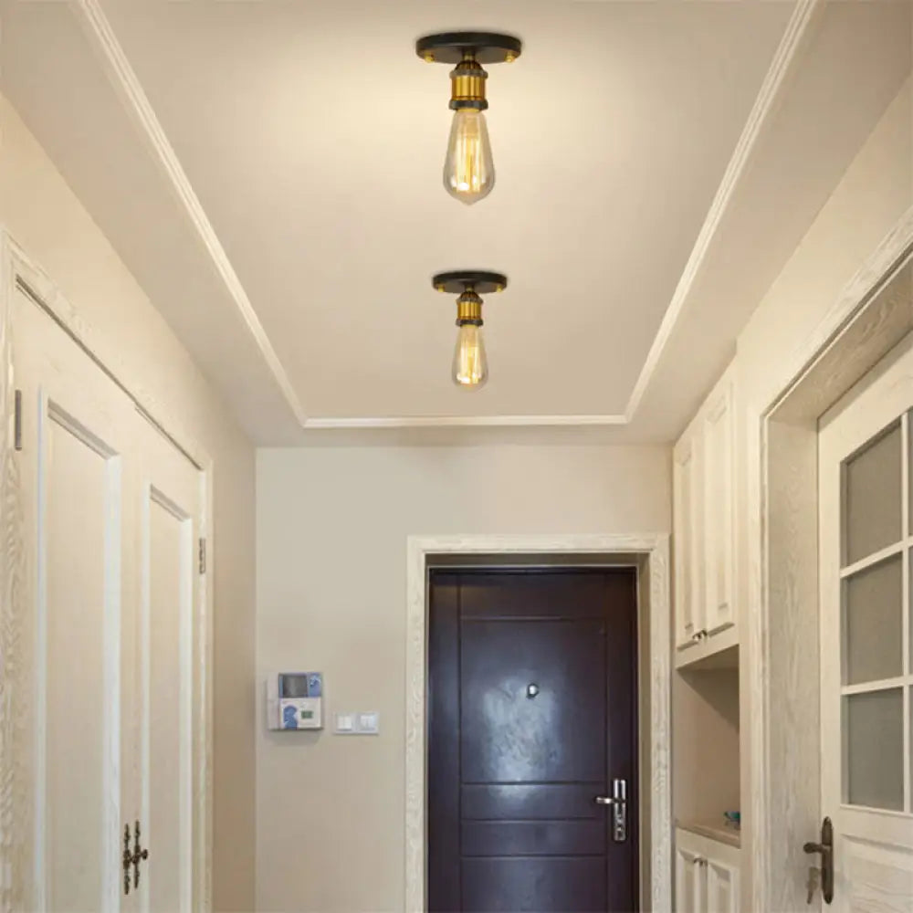 Retro Industrial Metal Black/Brass Finish Ceiling Lighting - Exposed Bulb Semi Flush Mount Light