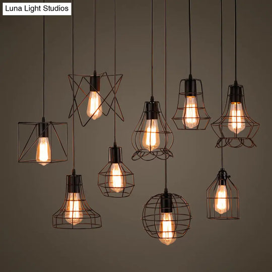 Retro Industrial Metal Cage Pendant Light Fixture For Restaurants - 1-Light Ceiling Hanging Lamp