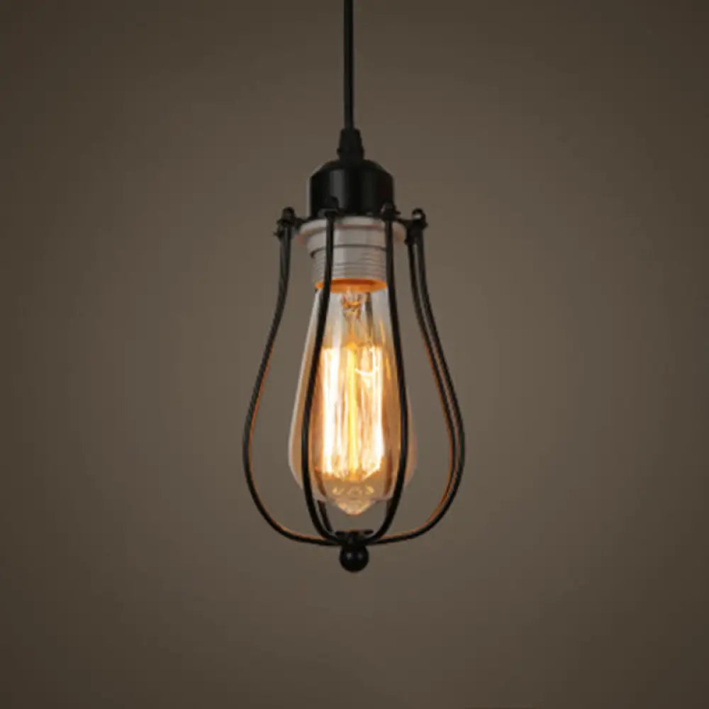 Retro Industrial Metal Cage Pendant Light Fixture - 1-Light Ceiling Hanging For Restaurants Black /