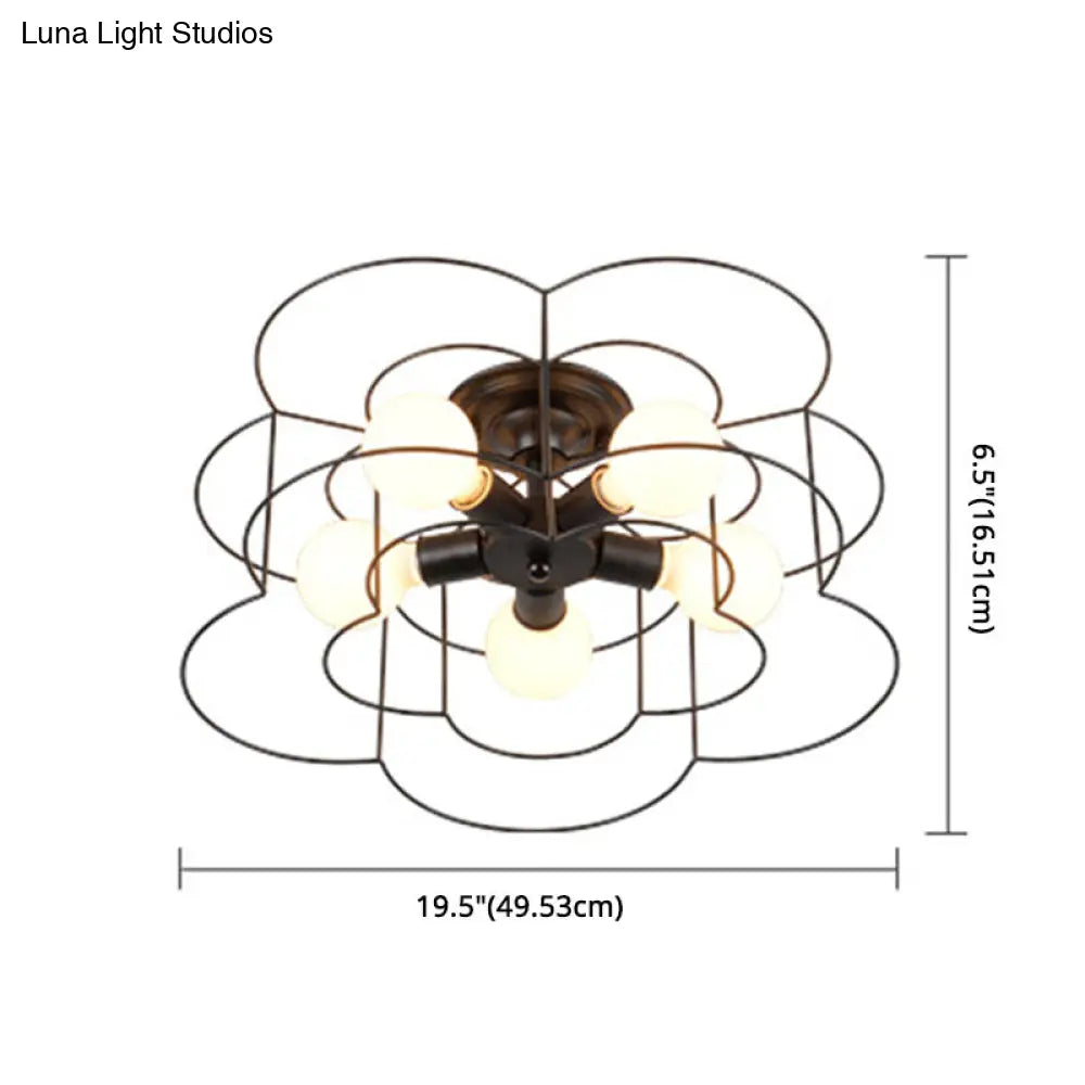 Retro Industrial Metal Ceiling Mounted Flower Semi Flush Light Fixture For Bedroom