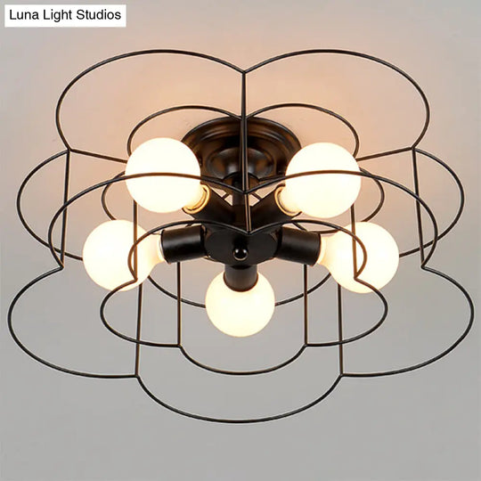 Retro Industrial Metal Ceiling Mounted Flower Semi Flush Light Fixture For Bedroom