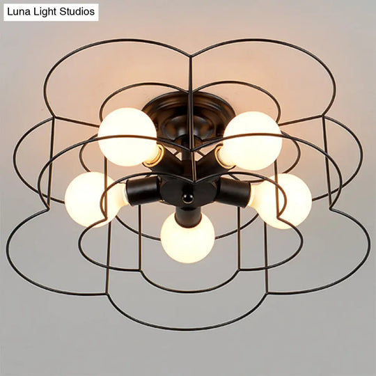 Retro Industrial Metal Ceiling Mounted Flower Semi Flush Light Fixture For Bedroom