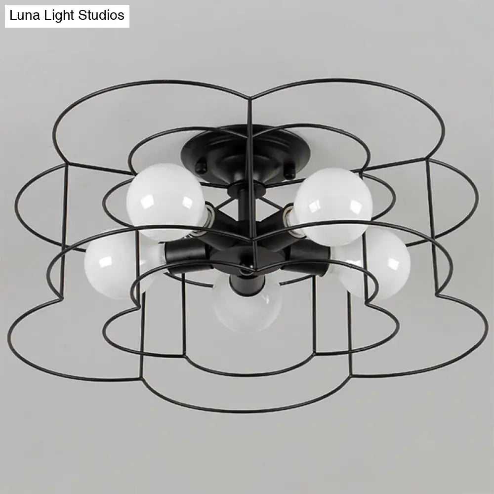 Retro Industrial Metal Ceiling Mounted Flower Semi Flush Light Fixture For Bedroom