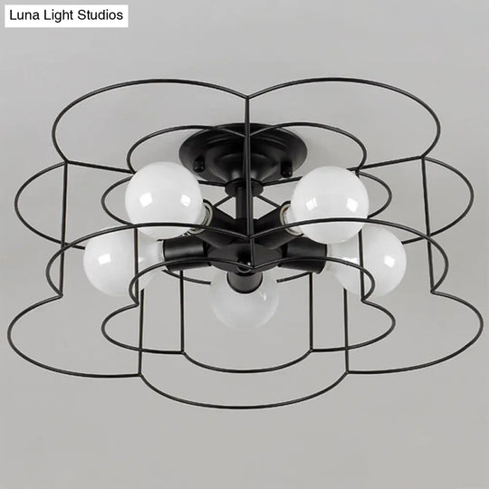 Retro Industrial Metal Ceiling Mounted Flower Semi Flush Light Fixture For Bedroom