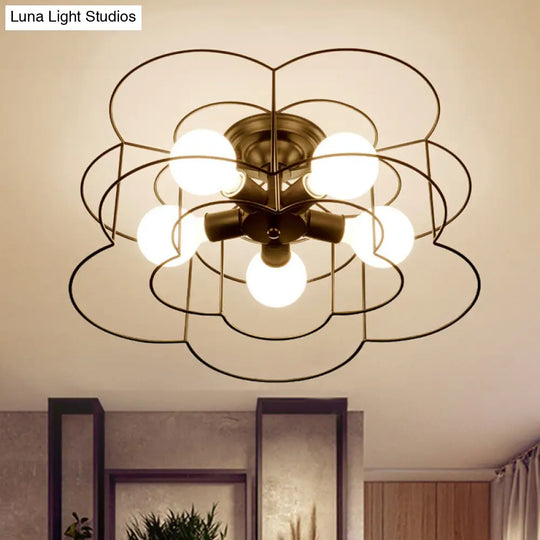 Retro Industrial Metal Ceiling Mounted Flower Semi Flush Light Fixture For Bedroom Black