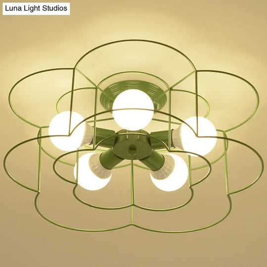 Retro Industrial Metal Ceiling Mounted Flower Semi Flush Light Fixture For Bedroom Green