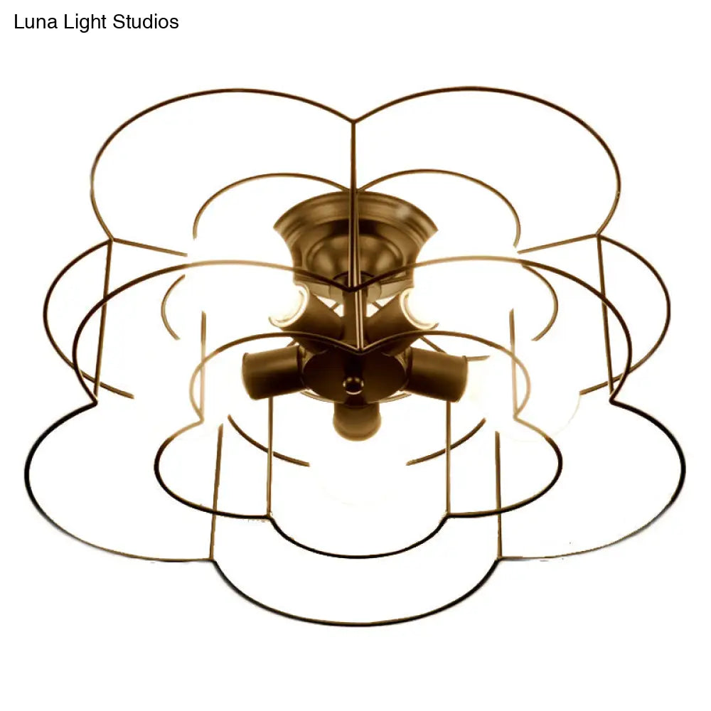 Retro Industrial Metal Ceiling Mounted Flower Semi Flush Light Fixture For Bedroom