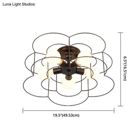 Retro Industrial Metal Ceiling Mounted Flower Semi Flush Light Fixture For Bedroom