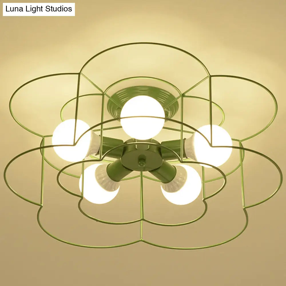 Retro Industrial Metal Ceiling Mounted Flower Semi Flush Light Fixture For Bedroom Green