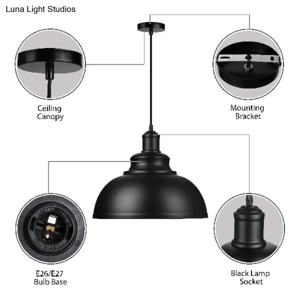 Industrial Black Metal Ceiling Pendant With Retro Bowl Shade - Perfect For Living Room Suspension