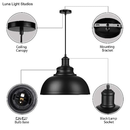 Retro Industrial Metal Ceiling Pendant With Black Finish Bowl Shade - Stylish Suspension Light For