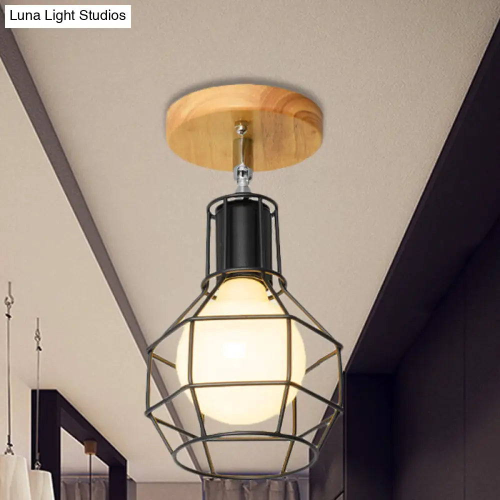 Retro Industrial Metal Semi Flush Light: Mini Triangle/Urn Design With Wire Guard - 1 Head Bedroom