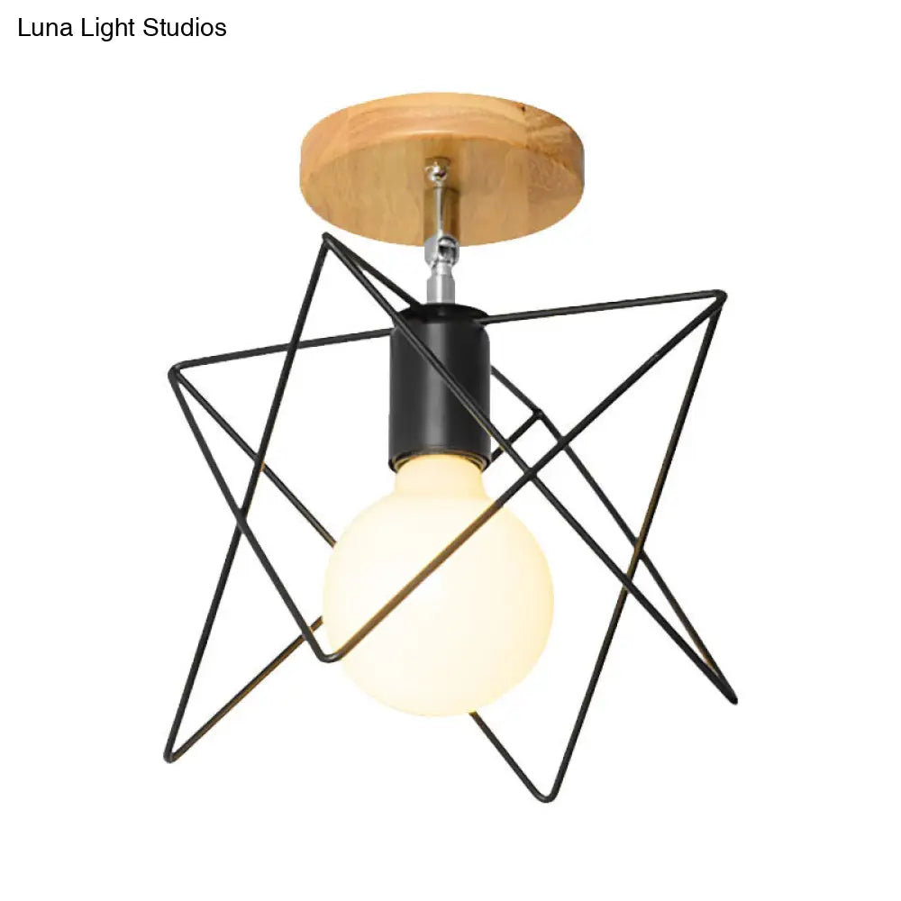 Retro Industrial Metal Semi Flush Light: Mini Triangle/Urn Design With Wire Guard - 1 Head Bedroom