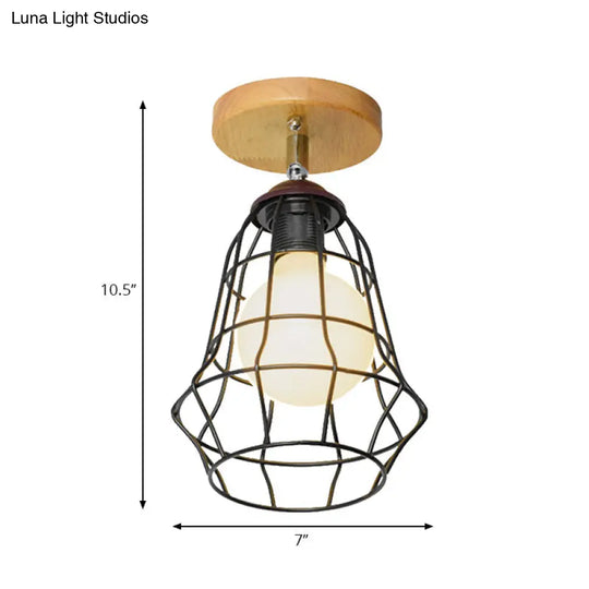 Retro Industrial Metal Semi Flush Light: Mini Triangle/Urn Design With Wire Guard - 1 Head Bedroom