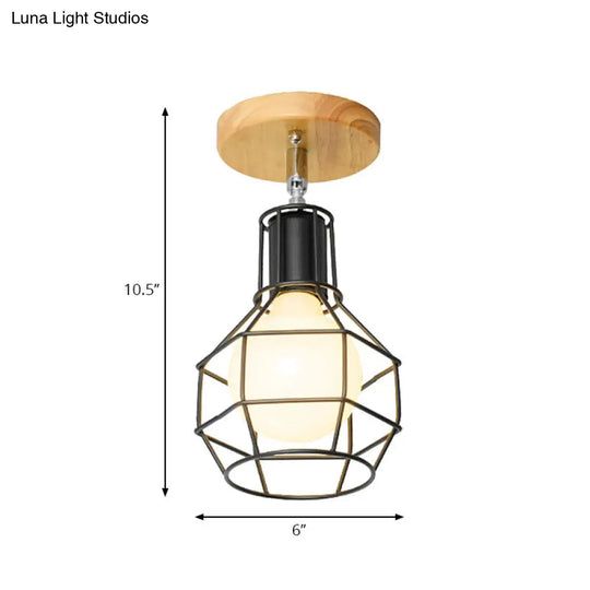 Retro Industrial Metal Semi Flush Light: Mini Triangle/Urn Design With Wire Guard - 1 Head Bedroom