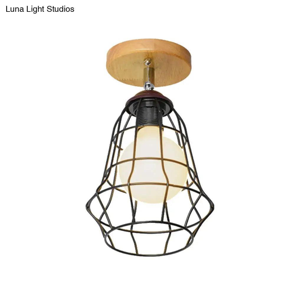 Retro Industrial Metal Semi Flush Light: Mini Triangle/Urn Design With Wire Guard - 1 Head Bedroom