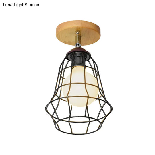 Retro Industrial Metal Semi Flush Light: Mini Triangle/Urn Design With Wire Guard - 1 Head Bedroom