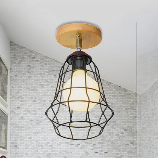 Retro Industrial Metal Semi Flush Light: Mini Triangle/Urn Design With Wire Guard - 1 Head Bedroom