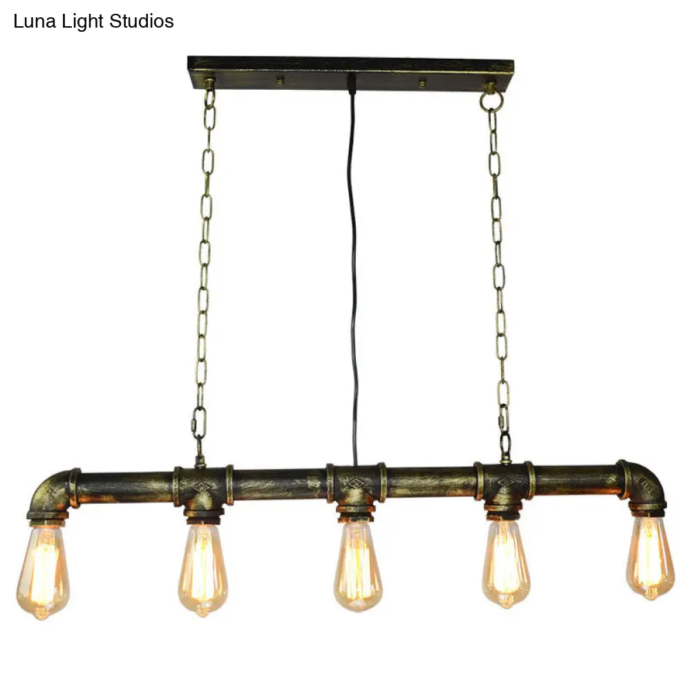 Retro Industrial Metal Tubular Island Pendant With Exposed Bulbs - 5-Light Lamp Bronze