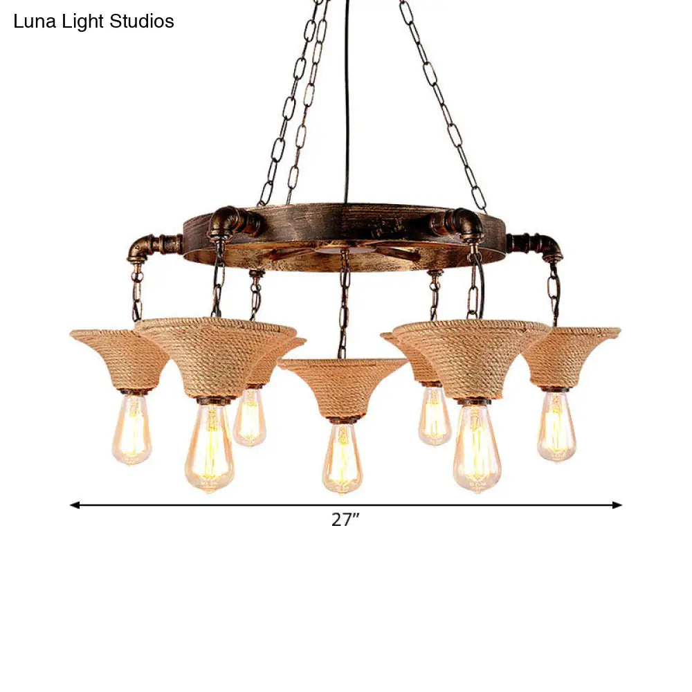 Retro Industrial Pendant Ceiling Fixture With Open Bulb Rope And Chain - Brown