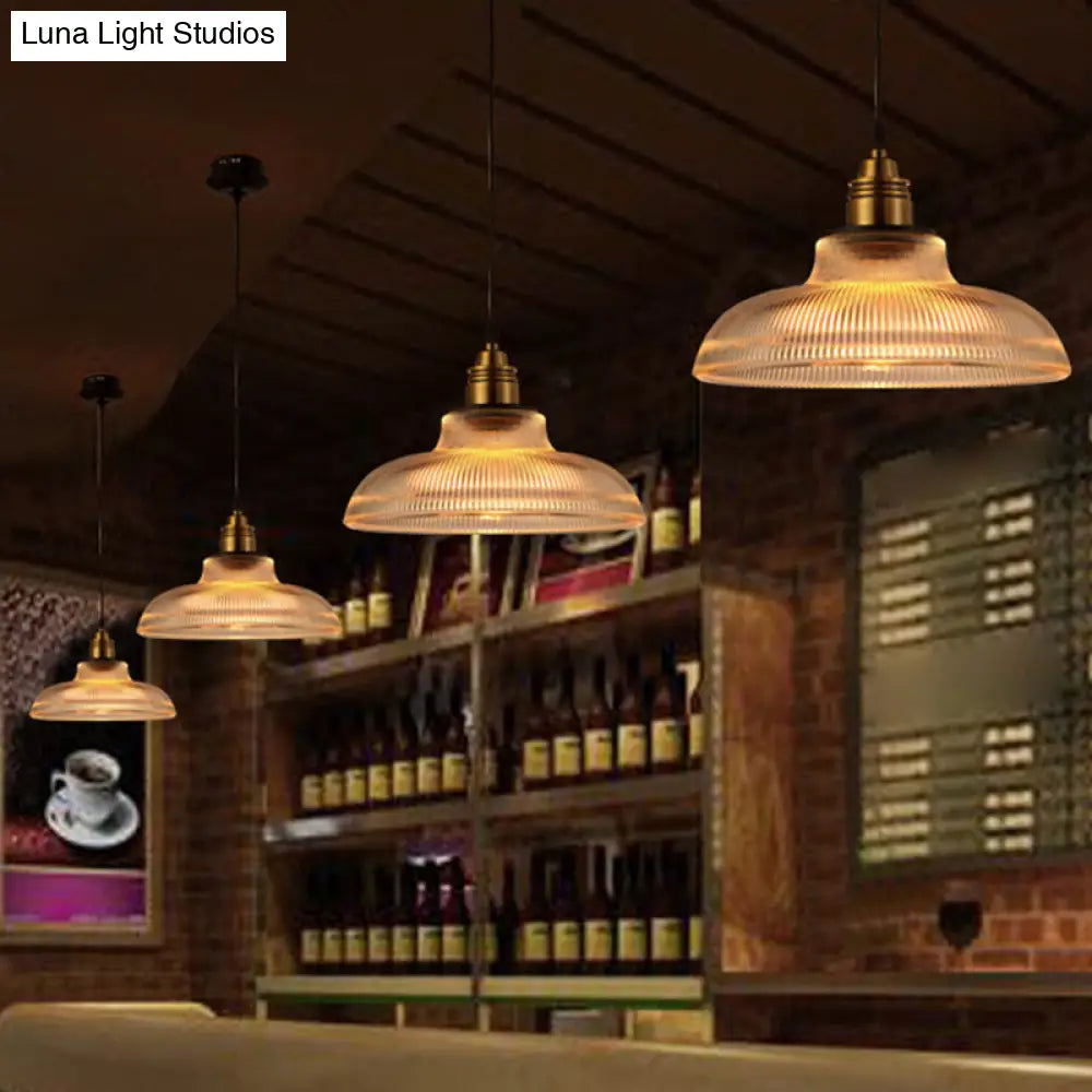 Retro Industrial Ribbed Glass Dome Pendant Lamp - 1-Light Design For Restaurants