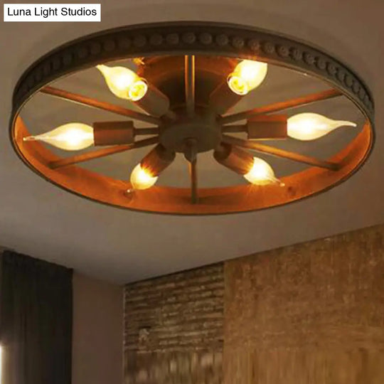 Retro Industrial Style Semi Flush Chandelier - 6 Light Metal Ceiling Mount For Living Room Rust