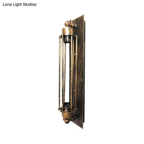 Retro Industrial Wall Sconce Lighting: Linear Wrought Iron Lamp With Cage Shade In Aged Brass