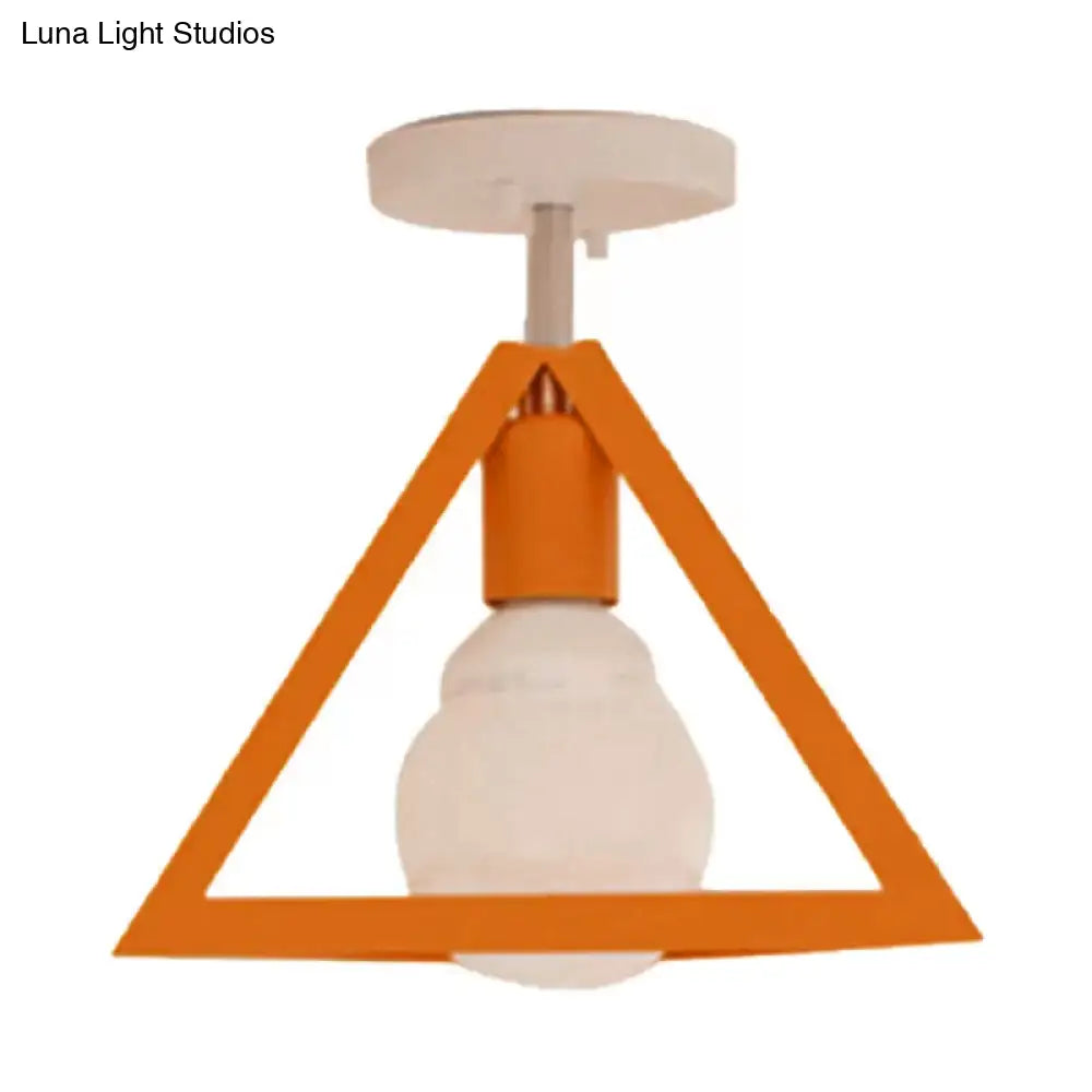 Retro Industrial Wire Cage Ceiling Light With Triangle Shade - 1 Head Metal Lamp In Black/Grey/White