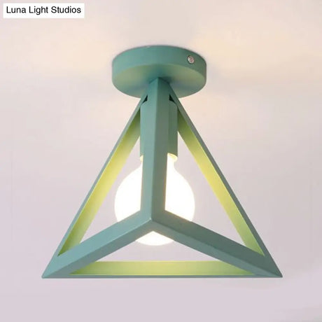 Retro Industrial Wire Cage Ceiling Light With Triangle Shade - 1 Head Metal Lamp In Black/Grey/White