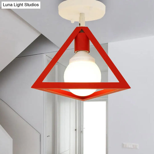 Retro Industrial Wire Cage Ceiling Light With Triangle Shade - 1 Head Metal Lamp In Black/Grey/White